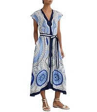 Reiss Heidi Scarf Print V-Neck Short Flutter Sleeve Midi Dress