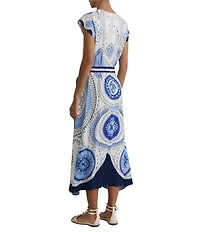 Reiss Heidi Scarf Print V-Neck Short Flutter Sleeve Midi Dress