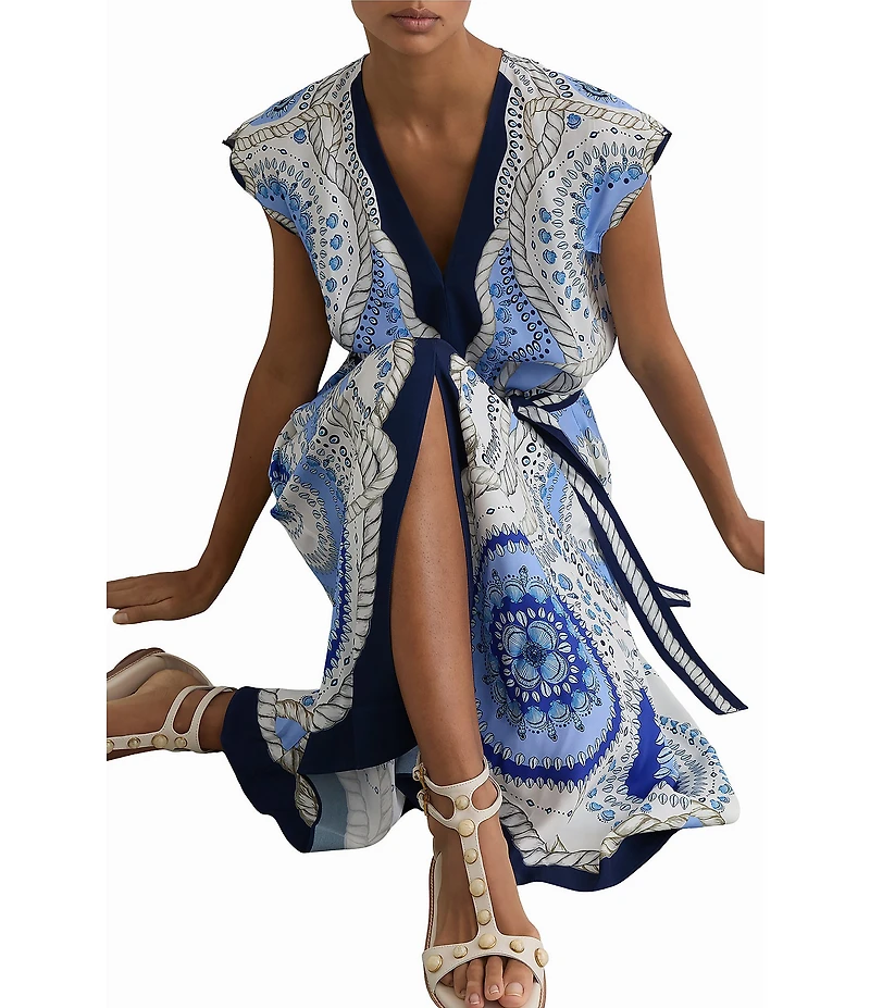 Reiss Heidi Scarf Print V-Neck Short Flutter Sleeve Midi Dress