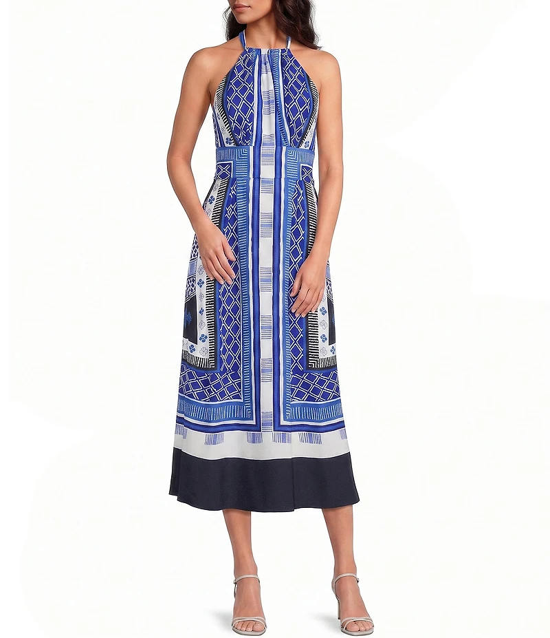 Reiss Joselyn Scarf Print Halter Neck Sleeveless A-Line Midi Dress