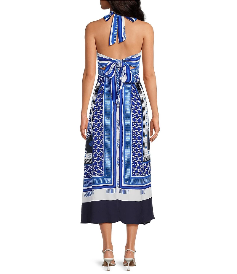 Reiss Joselyn Scarf Print Halter Neck Sleeveless A-Line Midi Dress