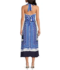 Reiss Joselyn Scarf Print Halter Neck Sleeveless A-Line Midi Dress