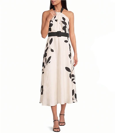Reiss Libby Jacquard Leaf Print Halterneck Belted Midi Dress