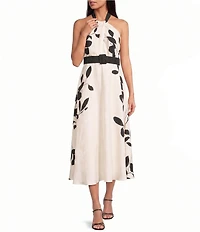 Reiss Libby Jacquard Leaf Print Halterneck Belted Midi Dress