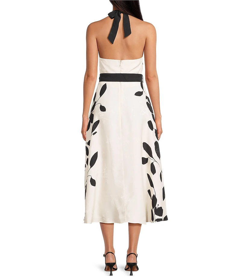 Reiss Libby Jacquard Leaf Print Halterneck Belted Midi Dress