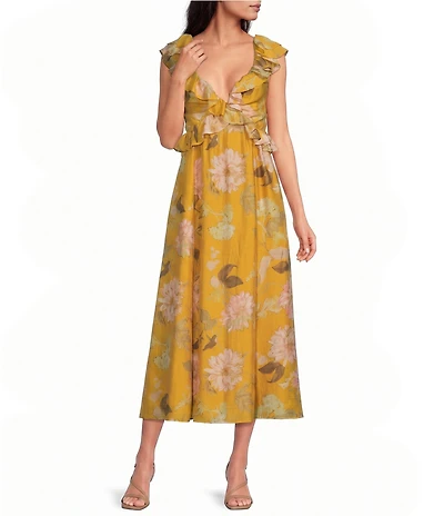 Reiss Lucy Floral Print Ruffled V-Neck Cap Sleeve Flutter Straps Empire Waist Midi Dress