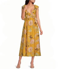 Reiss Lucy Floral Print Ruffled V-Neck Cap Sleeve Flutter Straps Empire Waist Midi Dress