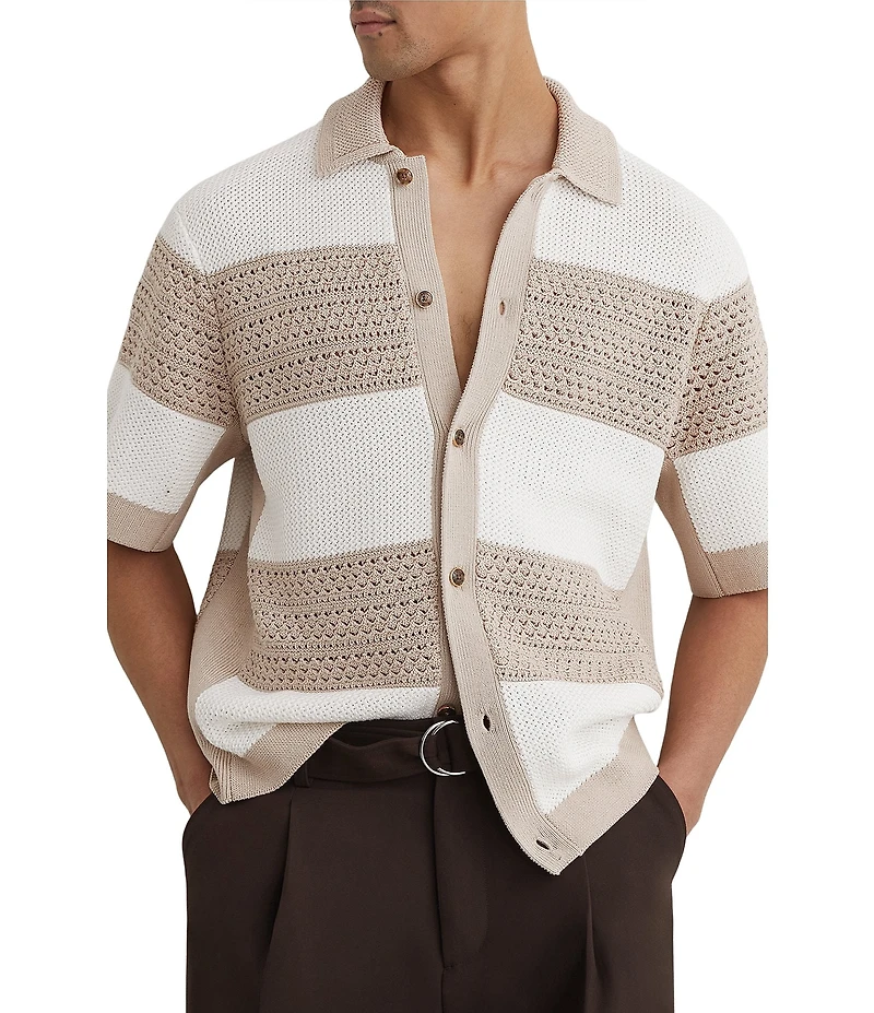 Reiss Marek Stretch Stripe Short Sleeve Button Front Woven Shirt