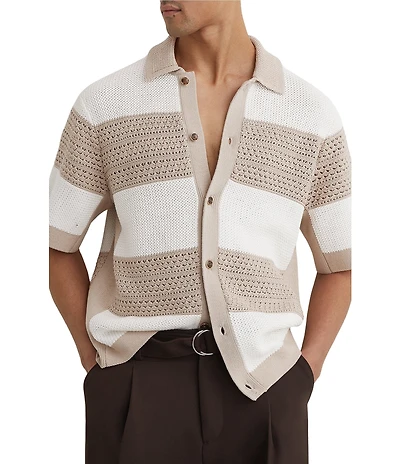 Reiss Marek Stretch Stripe Short Sleeve Button Front Woven Shirt