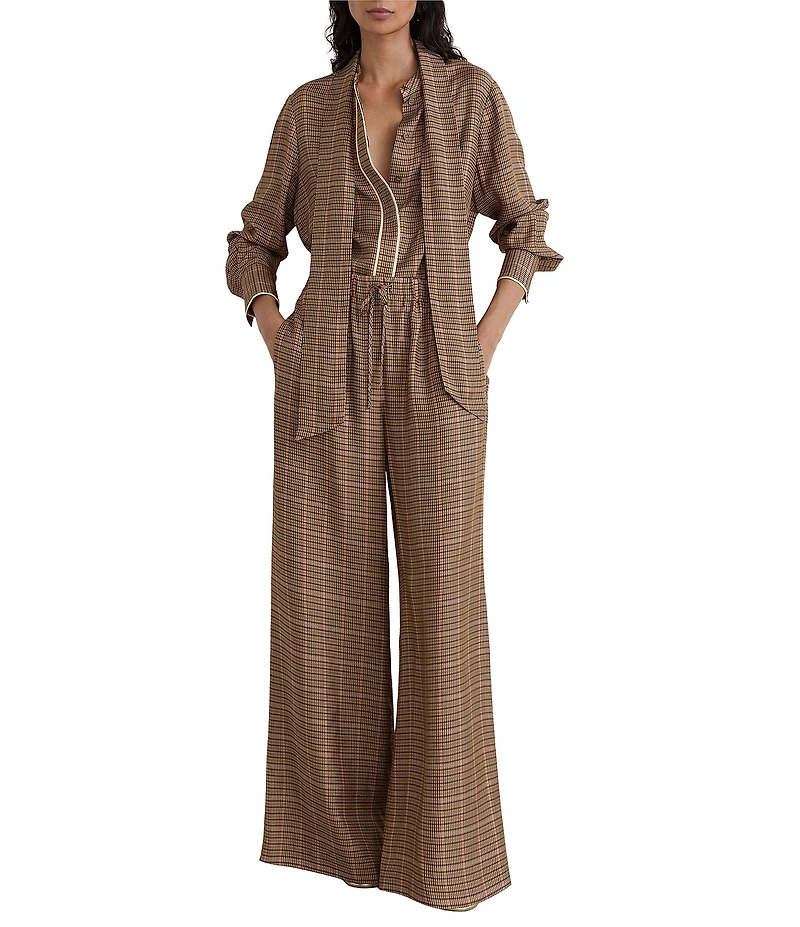 Reiss Minnie Neutral Check Wide Leg Trouser Pants