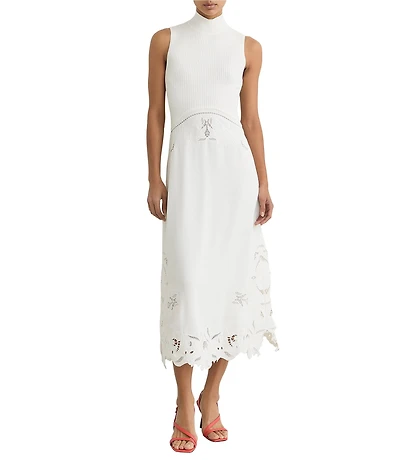 Reiss Phoenix Knit Woven Mock Neck Sleeveless Eyelet Embroidered Midi Dress