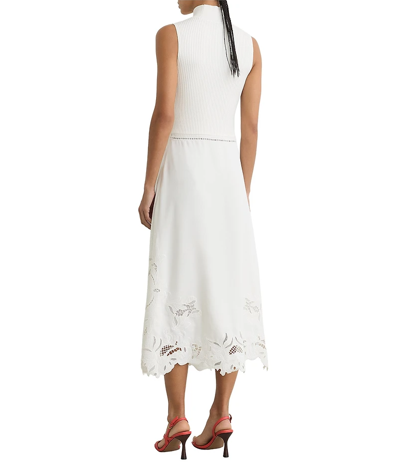 Reiss Phoenix Knit Woven Mock Neck Sleeveless Eyelet Embroidered Midi Dress
