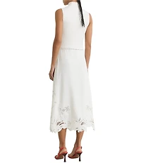 Reiss Phoenix Knit Woven Mock Neck Sleeveless Eyelet Embroidered Midi Dress