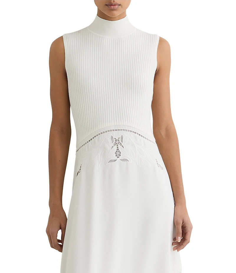 Reiss Phoenix Knit Woven Mock Neck Sleeveless Eyelet Embroidered Midi Dress