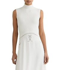 Reiss Phoenix Knit Woven Mock Neck Sleeveless Eyelet Embroidered Midi Dress