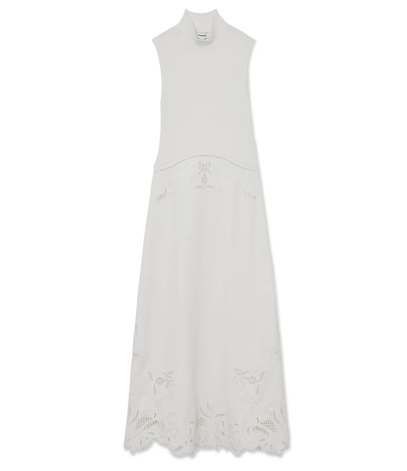 Reiss Phoenix Knit Woven Mock Neck Sleeveless Eyelet Embroidered Midi Dress