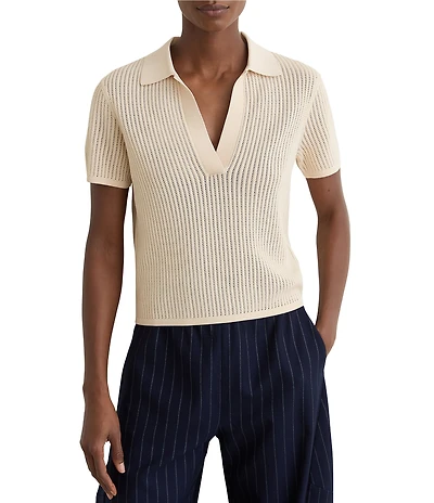 Reiss Pippa Open-Knit V-Neck Short Sleeve Polo Top