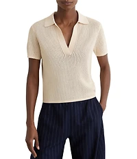 Reiss Pippa Open-Knit V-Neck Short Sleeve Polo Top