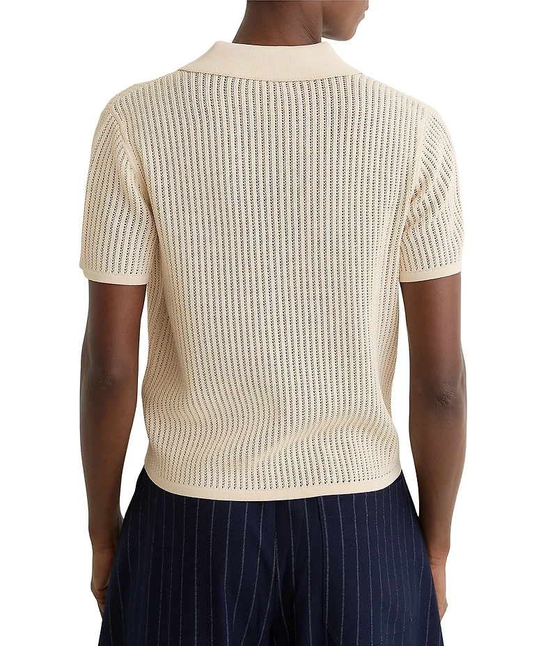 Reiss Pippa Open-Knit V-Neck Short Sleeve Polo Top