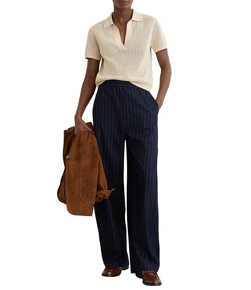 Reiss Pippa Open-Knit V-Neck Short Sleeve Polo Top