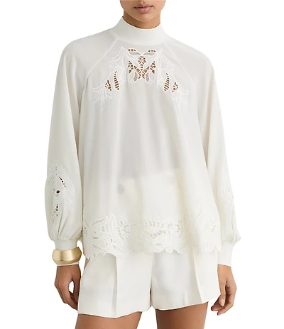 Reiss Rae Embroidered Mock Neck Long Blouson Sleeve Top