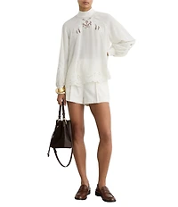 Reiss Rae Embroidered Mock Neck Long Blouson Sleeve Top
