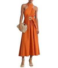Reiss Rowe Halter Neck Belted Crossover A-Line Midi Dress