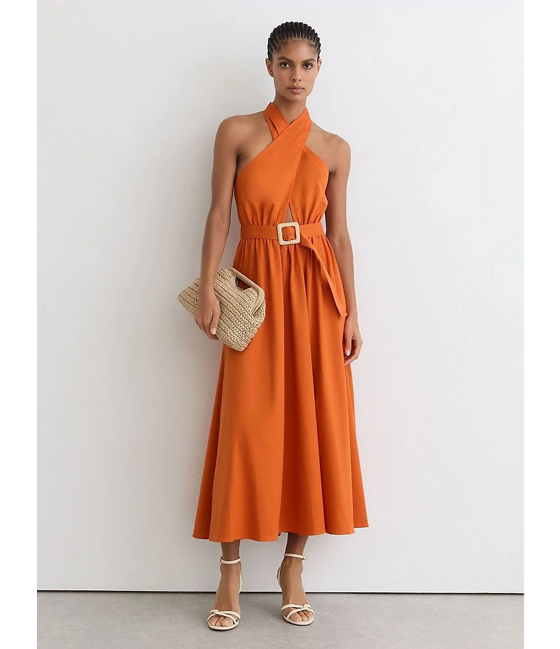 Reiss Rowe Halter Neck Belted Crossover A-Line Midi Dress