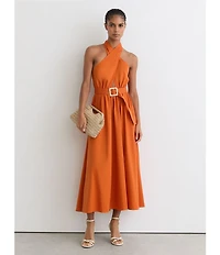 Reiss Rowe Halter Neck Belted Crossover A-Line Midi Dress