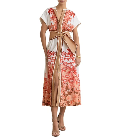 Reiss Sawyer Floral Print V-Neck Short Sleeve Belted Midi Dress