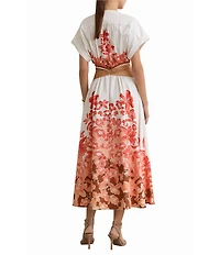 Reiss Sawyer Floral Print V-Neck Short Sleeve Belted Midi Dress