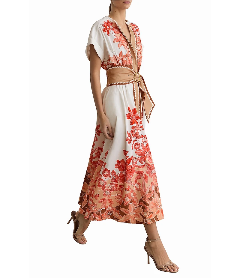 Reiss Sawyer Floral Print V-Neck Short Sleeve Belted Midi Dress