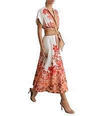 Reiss Sawyer Floral Print V-Neck Short Sleeve Belted Midi Dress