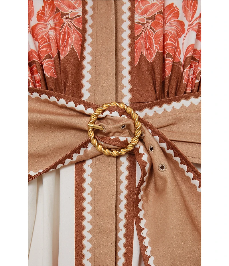 Reiss Sawyer Floral Print V-Neck Short Sleeve Belted Midi Dress