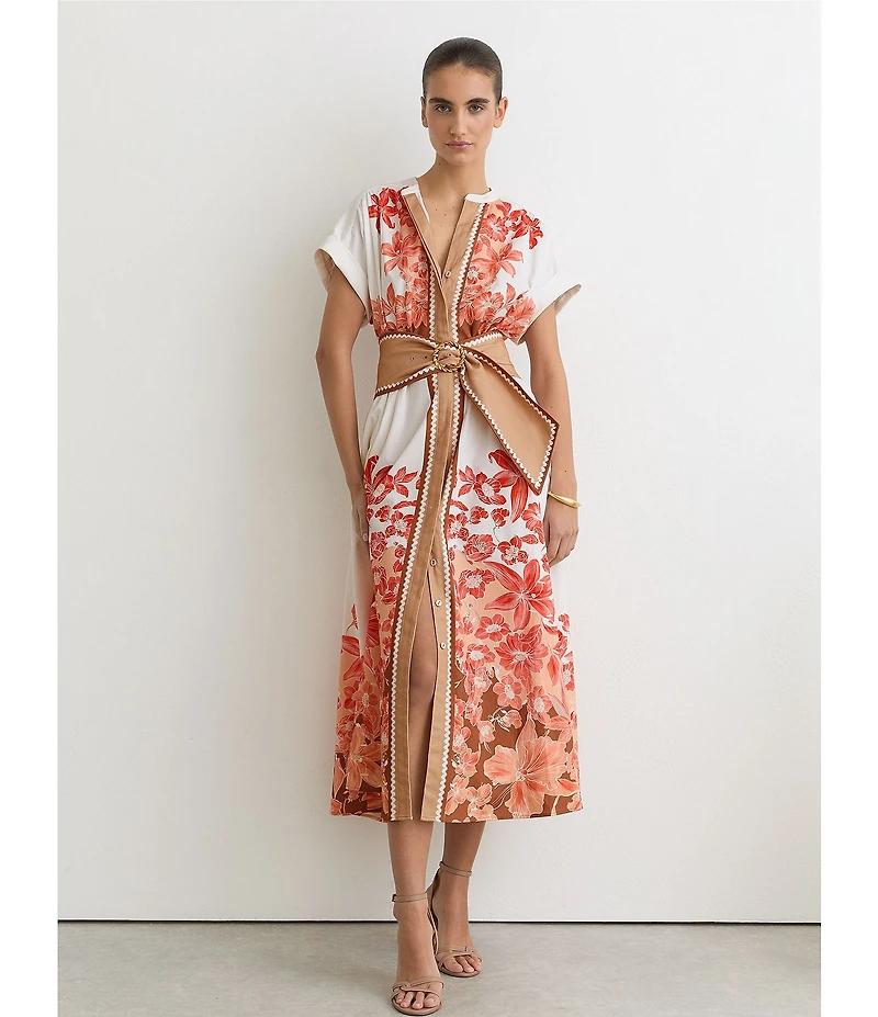 Reiss Sawyer Floral Print V-Neck Short Sleeve Belted Midi Dress