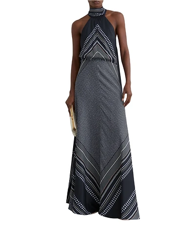 Reiss Skylar Satin Scarf Print Halter Neck Sleeveless Maxi Dress