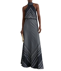 Reiss Skylar Satin Scarf Print Halter Neck Sleeveless Maxi Dress