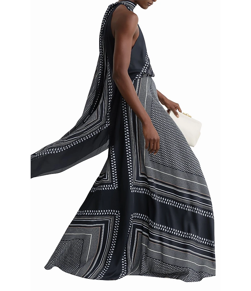 Reiss Skylar Satin Scarf Print Halter Neck Sleeveless Maxi Dress