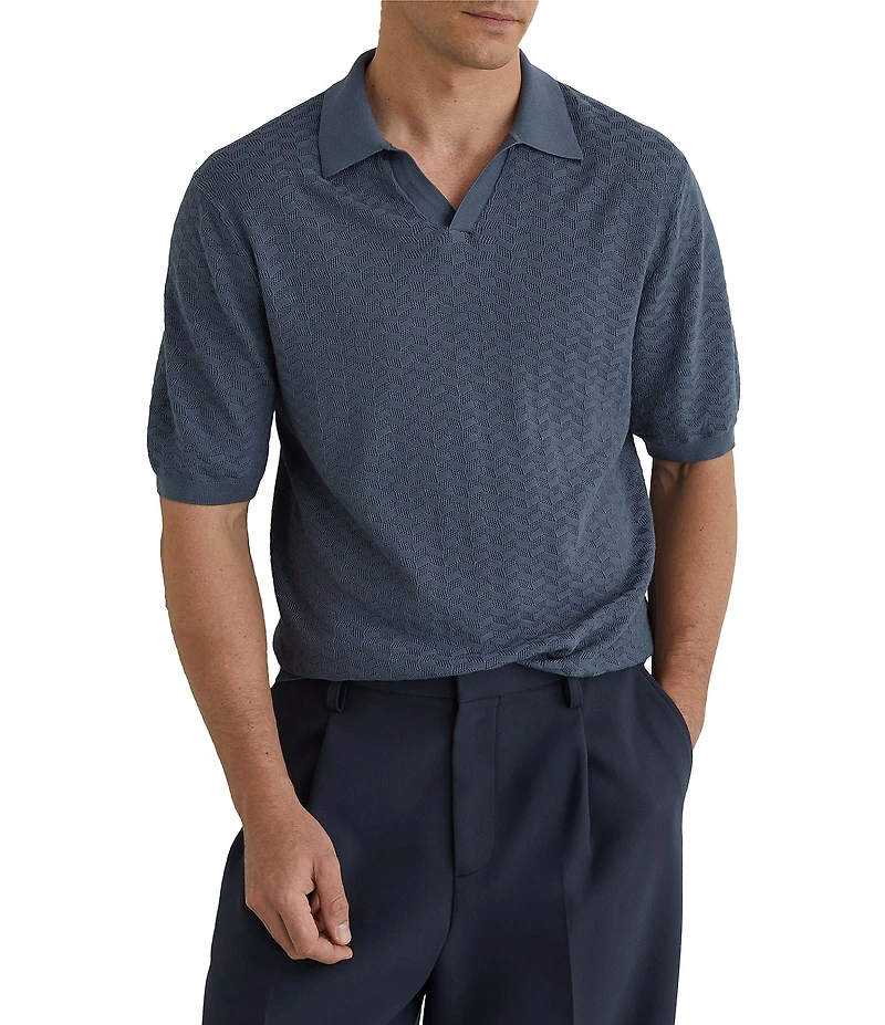 Reiss Slim Fit Sol Textured Johnny Collar Short Sleeve Polo Shirt