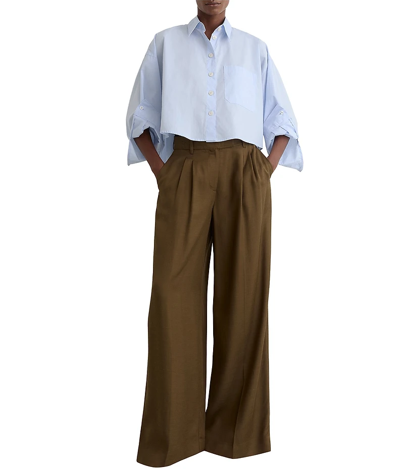 Reiss Solenge Woven Cotton Long Button Cuff Sleeves Cropped Button Front Shirt