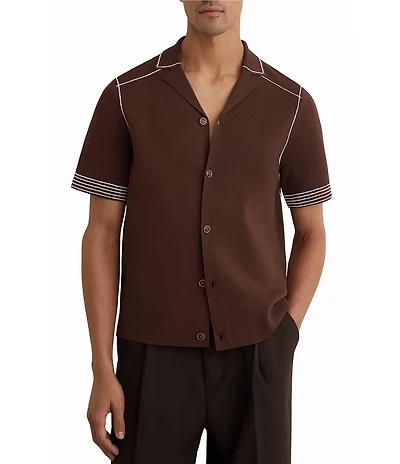 Reiss Solid Pipe Stitch Detail Short Sleeve Woven Shirt