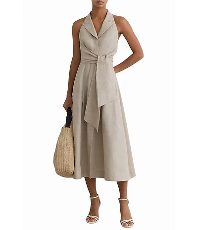 Reiss Tara Linen Woven Linen Halter Peak Collar Sleeveless A-Line Midi Dress