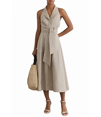 Reiss Tara Linen Woven Linen Halter Peak Collar Sleeveless A-Line Midi Dress