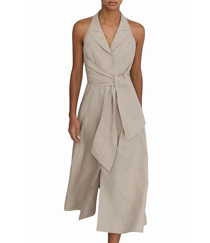 Reiss Tara Linen Woven Linen Halter Peak Collar Sleeveless A-Line Midi Dress