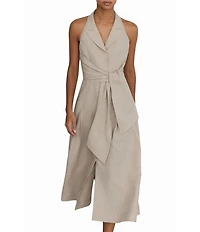 Reiss Tara Linen Woven Linen Halter Peak Collar Sleeveless A-Line Midi Dress