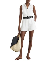 Reiss Taylor Linen Collared Neck Sleeveless Belted Romper