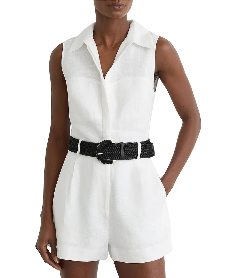 Reiss Taylor Linen Collared Neck Sleeveless Belted Romper