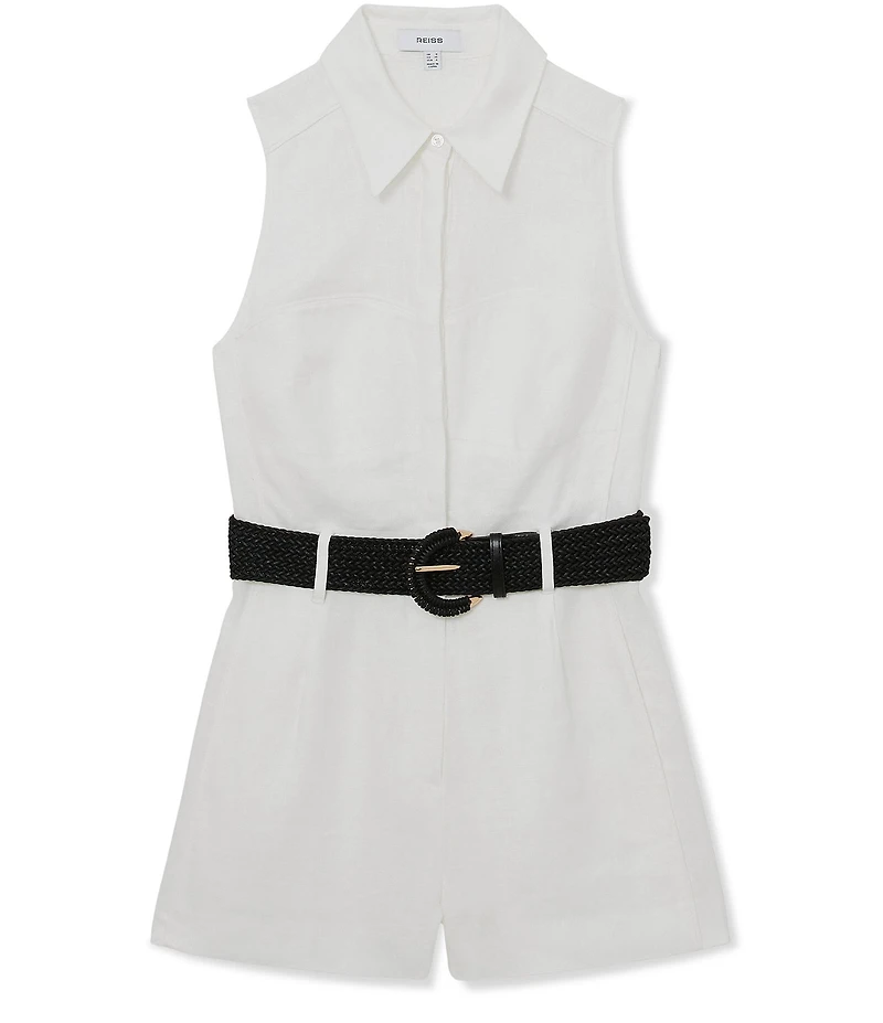 Reiss Taylor Linen Collared Neck Sleeveless Belted Romper