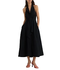 Reiss Tor Linen Blend Halter Neck Sleeveless Tie Wiast Fit & Flare Midi Dress