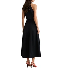 Reiss Tor Linen Blend Halter Neck Sleeveless Tie Wiast Fit & Flare Midi Dress